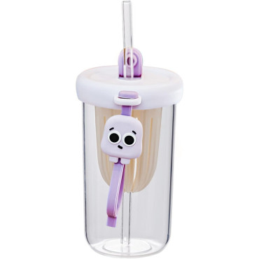 Pahar din silicon, cu capac si pai, pentru copii, Cyrax, anti-cadere, compartiment pentru fructe/ceai/gheata, rezistent la temperaturi inalte, 500ml, Mov, 14.5x8.8x20 cm