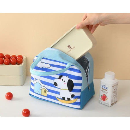 Geanta Termoizolanta pentru Copii, Cyrax, 23x13x19 cm, Model Imprimeu Catel, din Folie de Aluminiu si Panza Oxford, Albastru/Alb