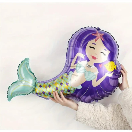 Balon din Folie Metalizata, Cyrax, Mini Figurine, Model Sirena cu Par Mov, Tematica Aniversare, 39x37 cm, Ambalaj Individual, Pai Inclus, Umflare cu Aer sau Heliu, Multicolor
