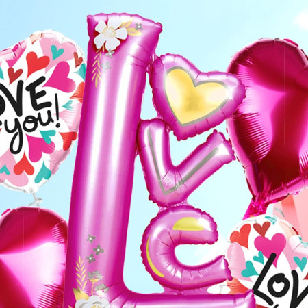 Balon din Folie Metalizata, Cyrax, Figurine, Model LOVE, Tematica Iubire, 110x64 cm, Ambalaj Individual, Pai Inclus, Umflare cu Aer sau Heliu, Mov