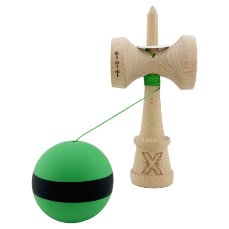 Kendama X Originala, Profesionala, Cyrax, Cupe Mari KING SIZE V3, Rubber Grip, Gaura in Baza, Rulment Metalic, din lemn 18 cm, Ata 62/65 cm, M Bicolor Verde Dublu/Negru