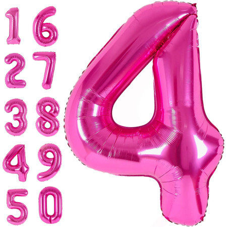 Balon din Folie Metalizata Cyrax, Figurina Cifra, Tema Aniversare 40 cm, Ambalaj Individual, Pai inclus, Umflare cu Aer sau Heliu, Roz, Cifra 4