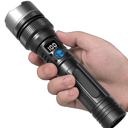 Lanterna LED Lumina Alba,  Lanterna cu Zoom Telescopic, Baterie externa, din Aluminiu + ABS, 1800 mAh, 17 x 4 x 3 cm, Negru