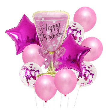 Set baloane Happy Birthday, Cyrax, set din 11 bucati, Balon Pahar 93 cm, 2 baloane stea 45 cm, 5 baloane latex 30 cm, 3 baloane cu paiete 30 cm, Mov