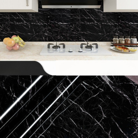 Tapet Autocolant pentru Bucatarie,  Rola cu Efect de Marmura, Folie Autoadeziva, 40cmx100cm, Negru