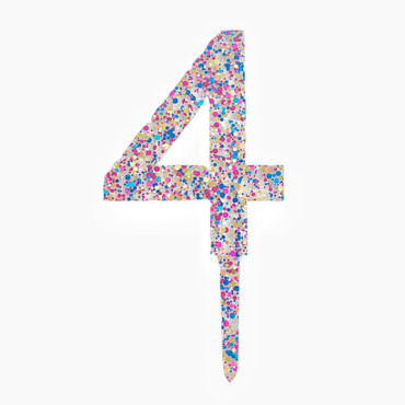 Decoratiune Topper pentru Tort, Cyrax, din Acrilic cu Fulgi de Sclipici, Model Cifra 4, Inaltime 18.5 cm, Transparent Multicolor 