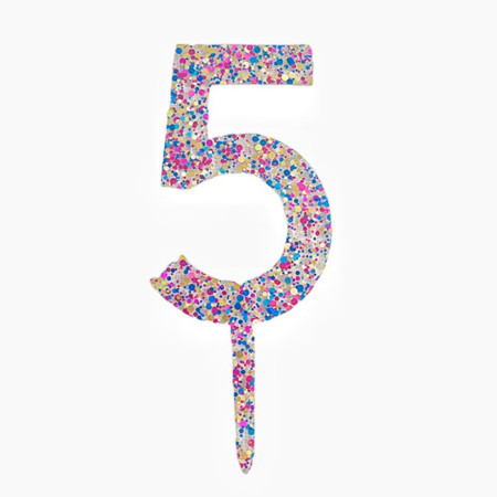 Decoratiune Topper pentru Tort, Cyrax, din Acrilic cu Fulgi de Sclipici, Model Cifra 5, Inaltime 18.5 cm, Transparent Multicolor 