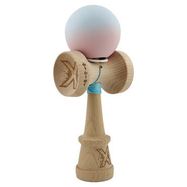 Kendama X Originala, Profesionala, Cyrax, Cupe Mari KING SIZE V3, Rubber Grip, Gaura in Baza, Rulment Metalic, din lemn 18 cm, Ata 62/65 cm, Gradient Albastru deschis/Roz