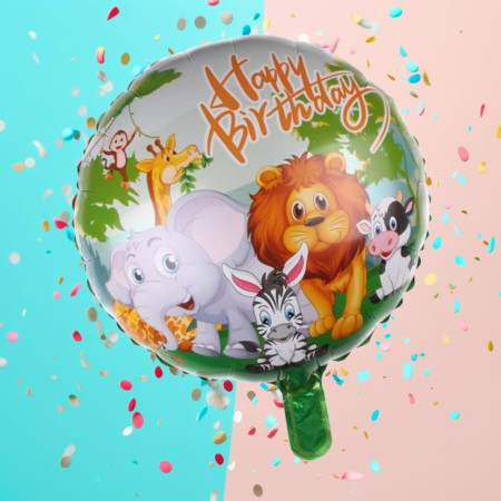 Balon din Folie Metalizata, Cyrax, Mini Figurina Rotunda, Model Animalute, Happy Birthday, Tematica Aniversare, 45 cm, Ambalaj Individual, Pai Inclus, Umflare cu Aer sau Heliu, Multicolor