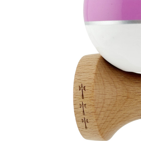 Kendama X ROYAL SPIKE Originala, Profesionala, Cyrax, Big Cups V2, Super Sticky cu Cupe Mari, Rulment Metalic, din lemn 18 cm, Ata 55 cm, Negru/Roz Silver/Alb