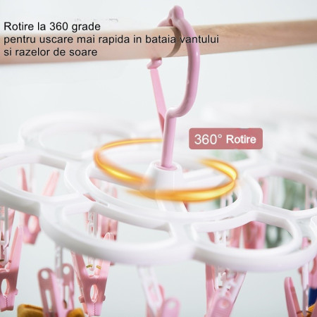 Uscator de Rufe Suspendat  cu 16 Carlige, Rotire 360 Grade, Mateiral Plastic, Usor de Depozitat, Multifunctional, 26 x 21 cm, Roz