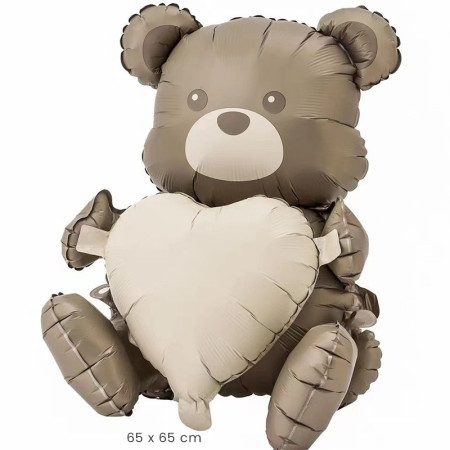 Balon din Folie Metalizata, Cyrax, Figurina Animata, Model Ursulet cu Inima, 65 x 65 cm, Ambalaj Individual, Pai Inclus, Umflare cu Aer sau Heliu, Maro