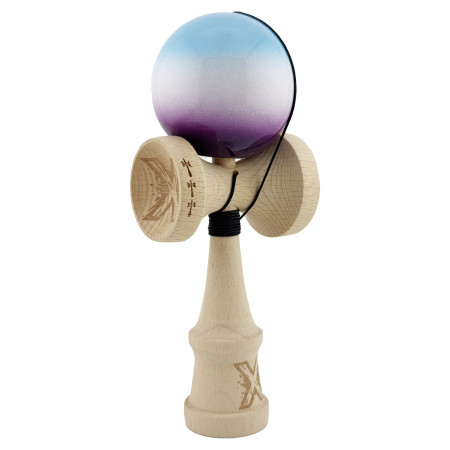 Kendama X Originala, Profesionala, Cyrax, Big Cups V2, Super Sticky cu Cupe Mari, din lemn 18 cm, Rulment Metalic cu Ata 55 cm, Albastru/Alb/Mov